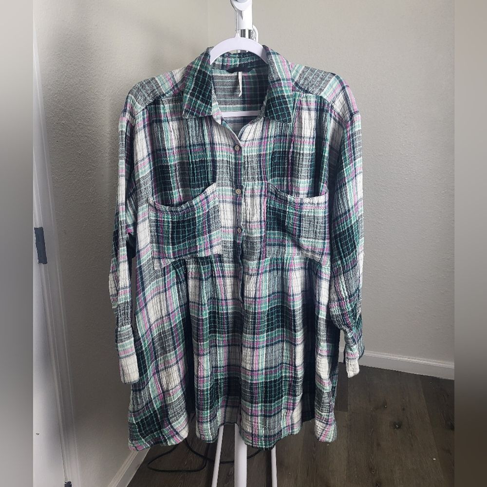 Free People The Voyage Cotton Plaid Oversize Shirtdress Twilight Combo Small